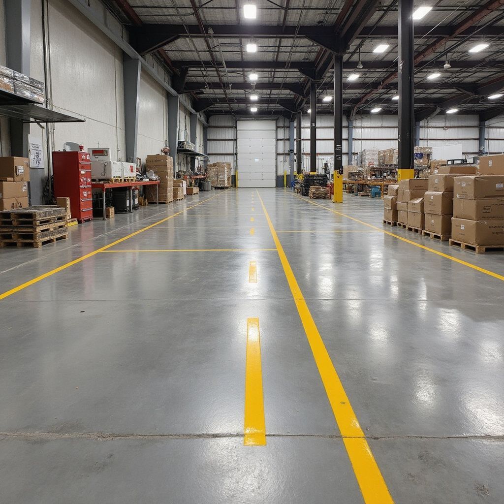 Warehouse interior with yellow lines on floor, cardboard boxes, equipment, and a closed loading door.