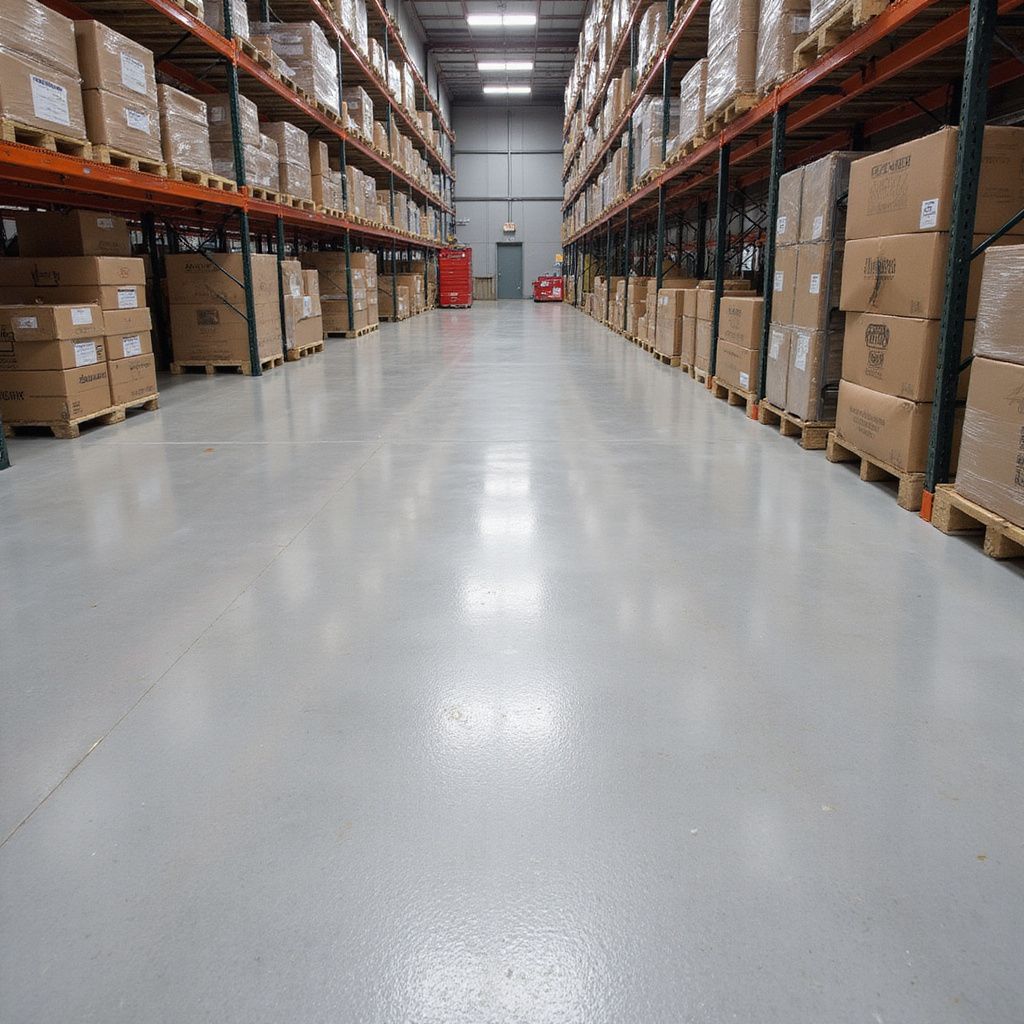 Warehouse interior with rows of packed shelves and shiny gray floor.