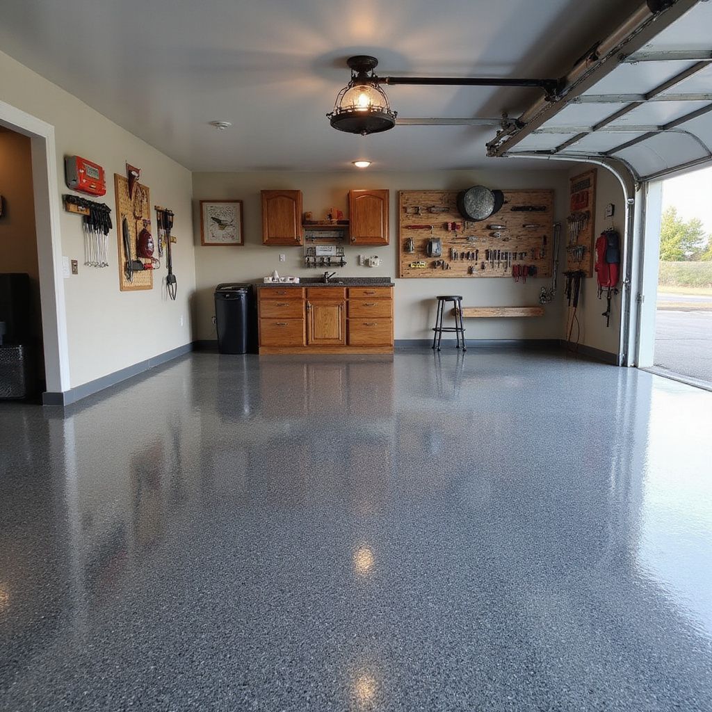 Epoxy-coated garage with tools, cabinets, and open garage door. Gray floor, neutral walls, and work bench.