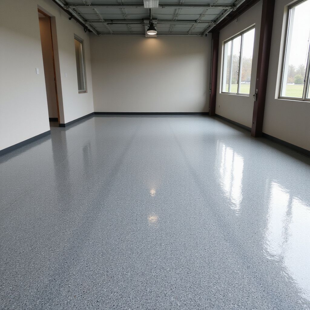 Empty room with glossy, speckled gray floor; windows on right; neutral walls.