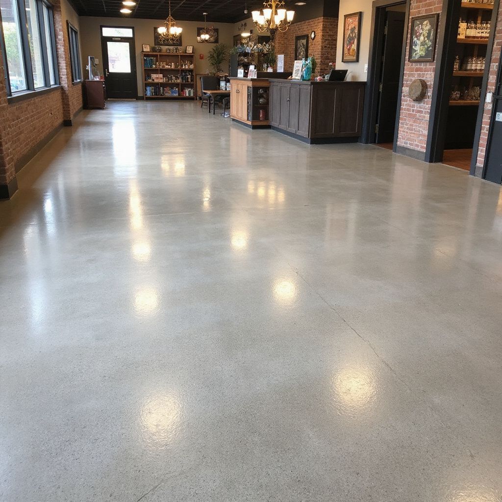 Polished concrete floor in a commercial space. Sunlight reflects off the glossy surface. Red brick walls, dark wooden counters.