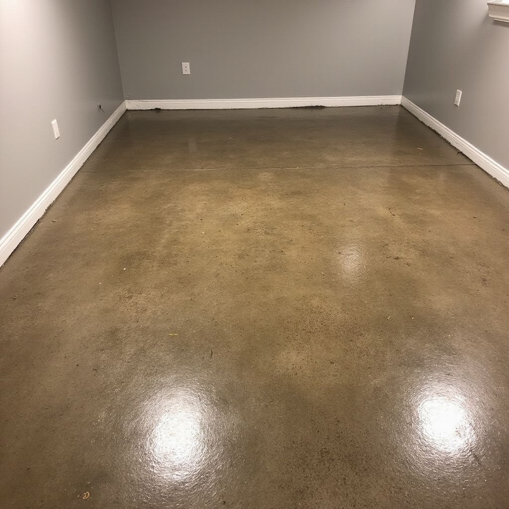 Room with polished concrete floor, gray walls, and white baseboards.