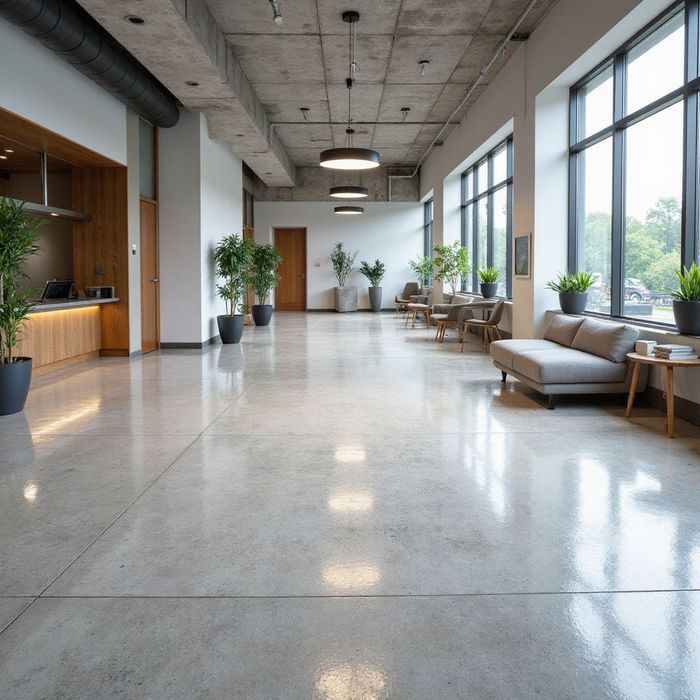 Spacious modern lobby with polished concrete floors, large windows, and a seating area with potted plants.