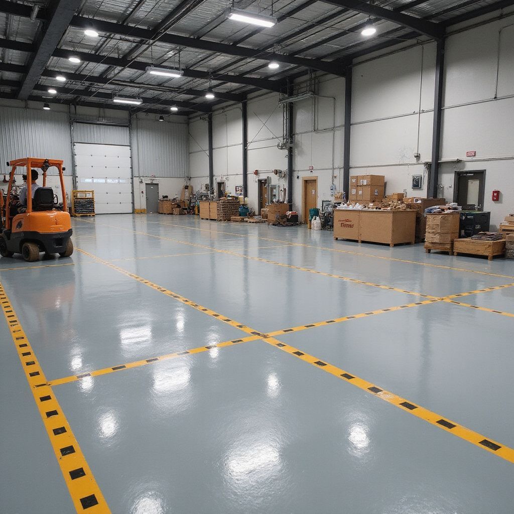 Forklift in a gray warehouse with yellow floor markings, boxes, and a loading door.