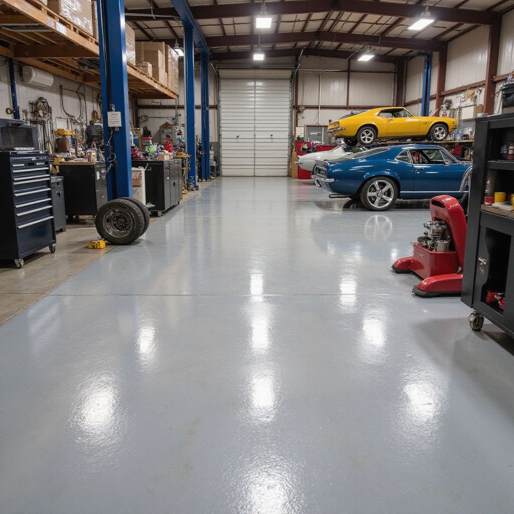 Well-lit auto shop with light gray floor, blue and yellow cars on lifts, tools and shelves visible.