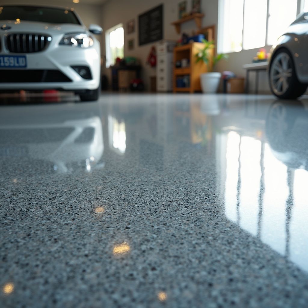 Close-up of a shiny, speckled garage floor with reflections of cars, windows, and interior items.