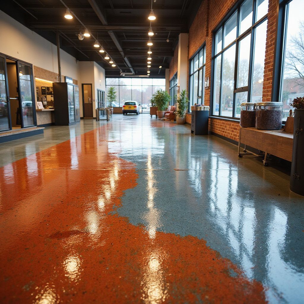 Shiny, two-toned orange and gray concrete floor in an open-concept building with large windows and exposed brick.