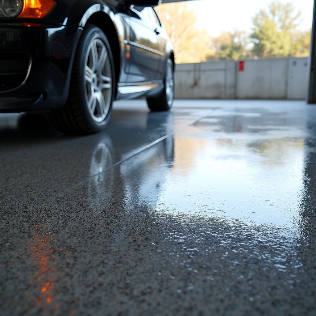 Black car parked in a garage with a wet, reflective epoxy floor.
