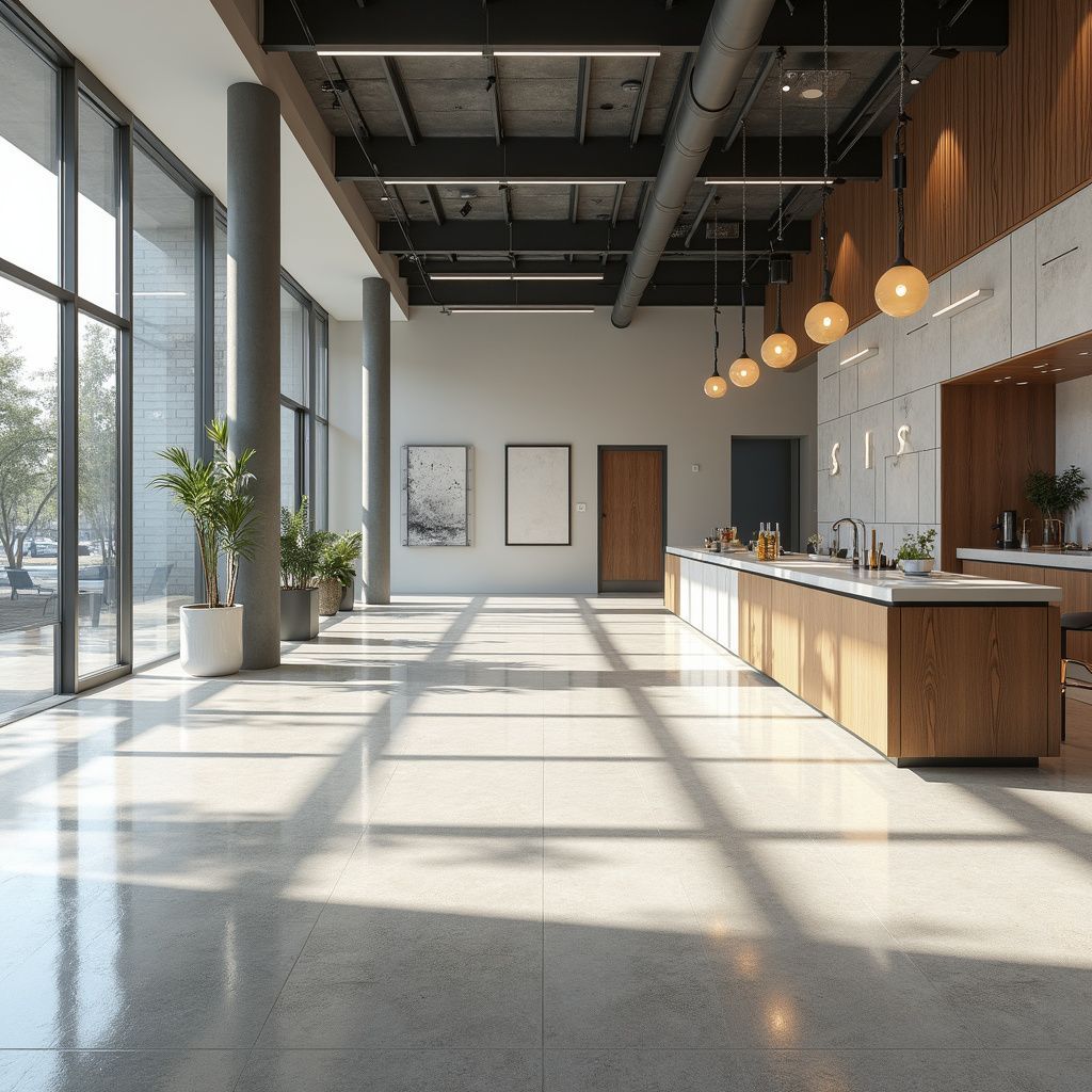 Spacious modern interior with large windows, wood accents, and a long kitchen island.