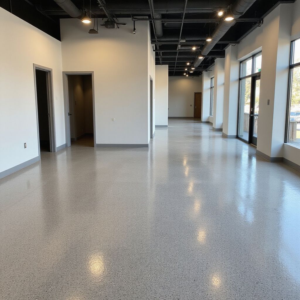 Empty, modern room with polished concrete floor, white walls, and large windows.