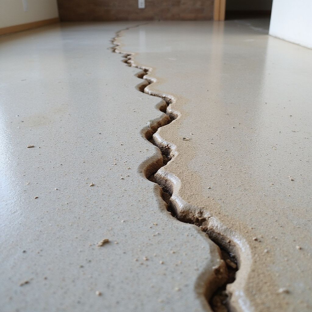 Close-up of a deep, jagged crack in a light-colored concrete floor extending towards a room.