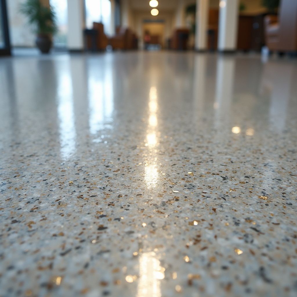 Shiny, polished concrete floor with flecks of color; a hallway is blurred in the background.