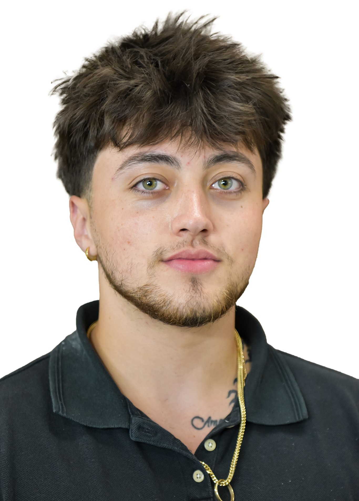 Young man with brown hair, pursed lips, wearing a white collared shirt.