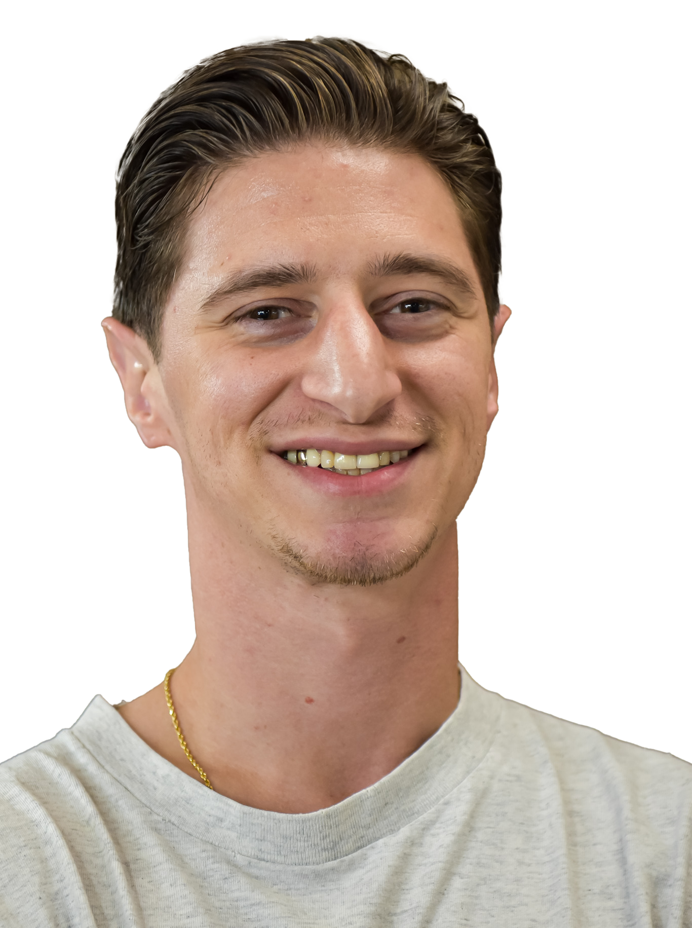 Man in a Titleist hat smiles, wearing a gray sweatshirt; against a plain background.