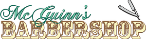 McGinn's Barbershop logo in teal and tan with a straight razor icon.