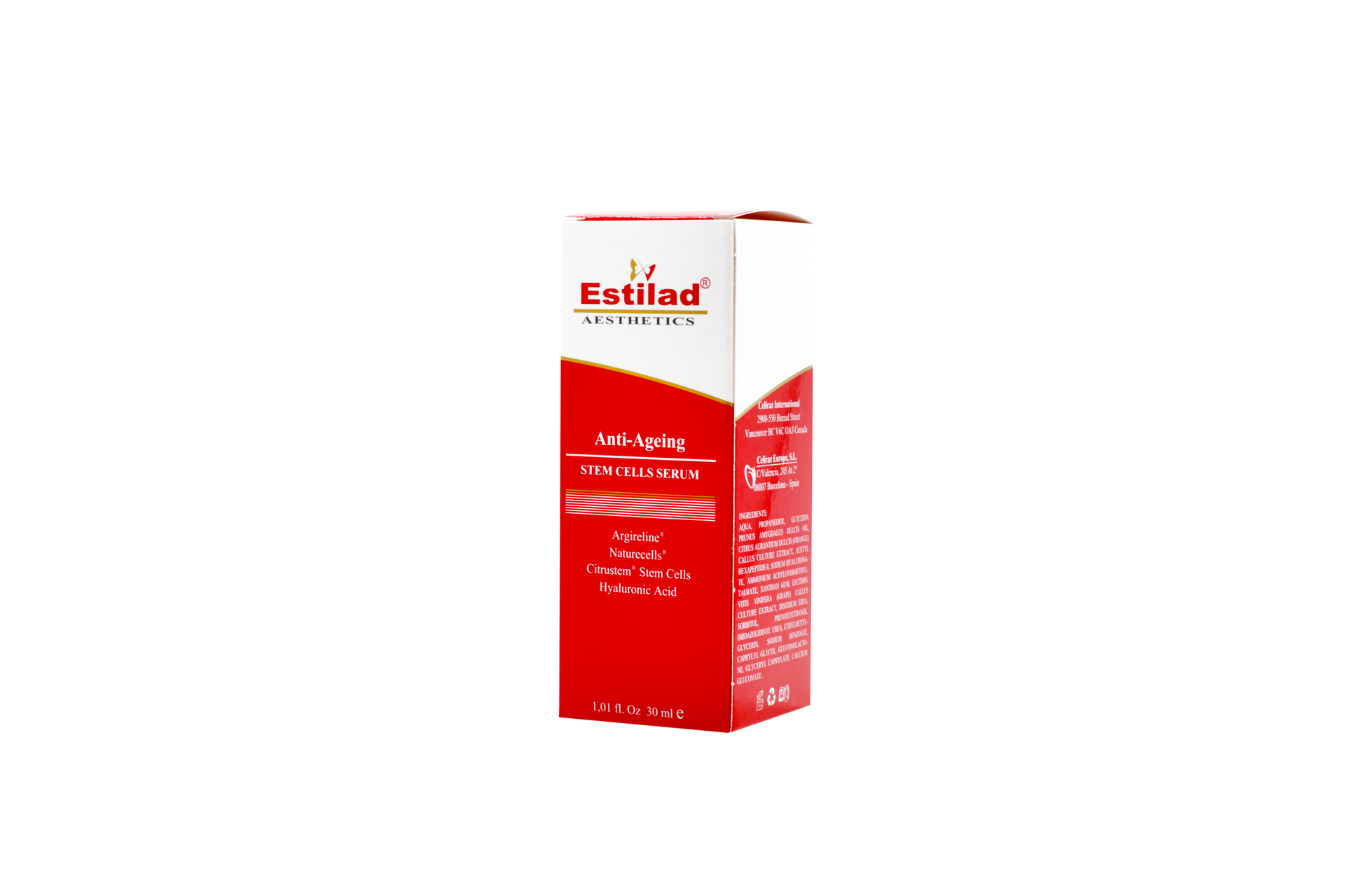 Red and white Tyblind box with product information in English.