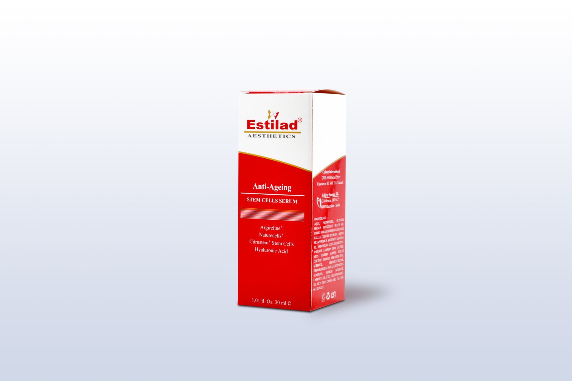 Red and white Tyblind box with product information in English.