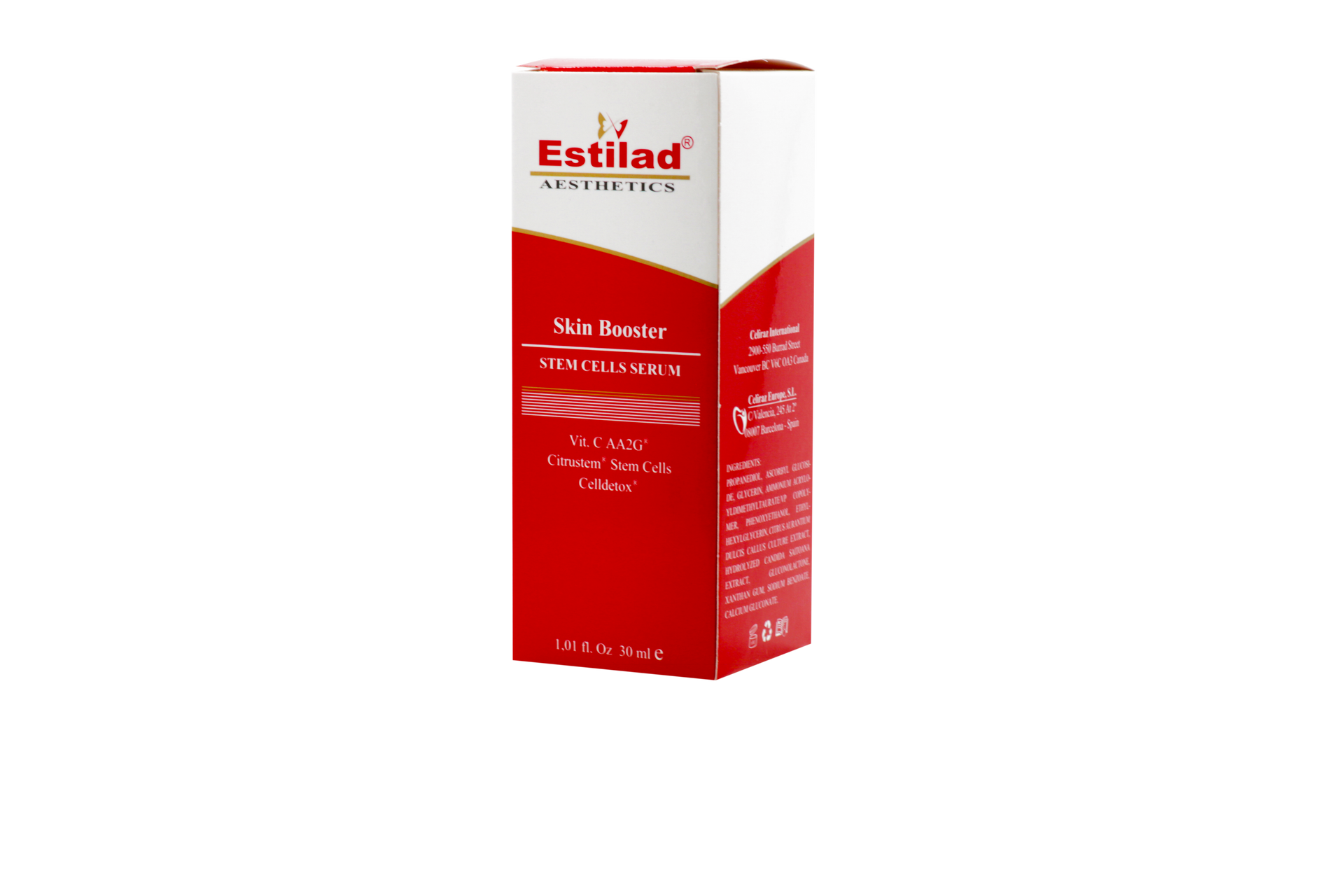 Box of Estilad skin care product, red and white with text.