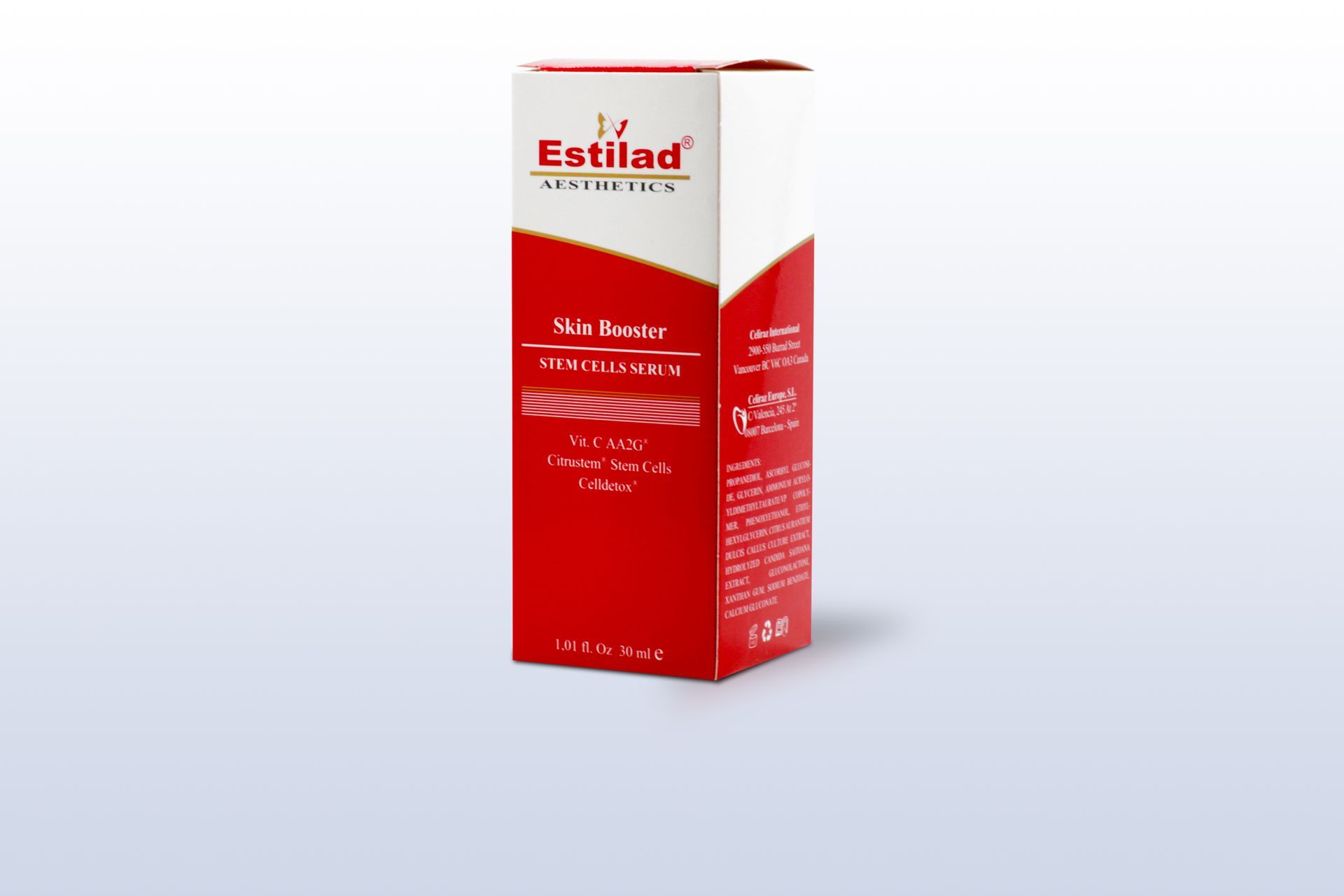 Box of Estilad skin care product, red and white with text.
