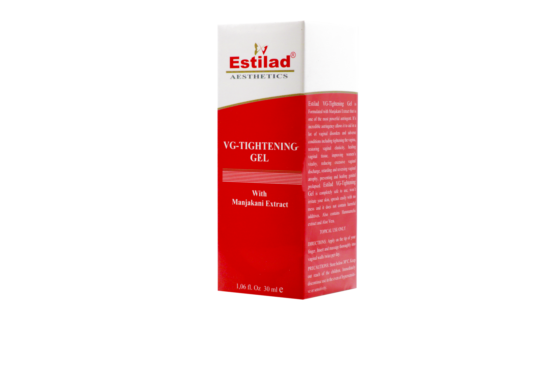 Red and white Estilad product box with text.