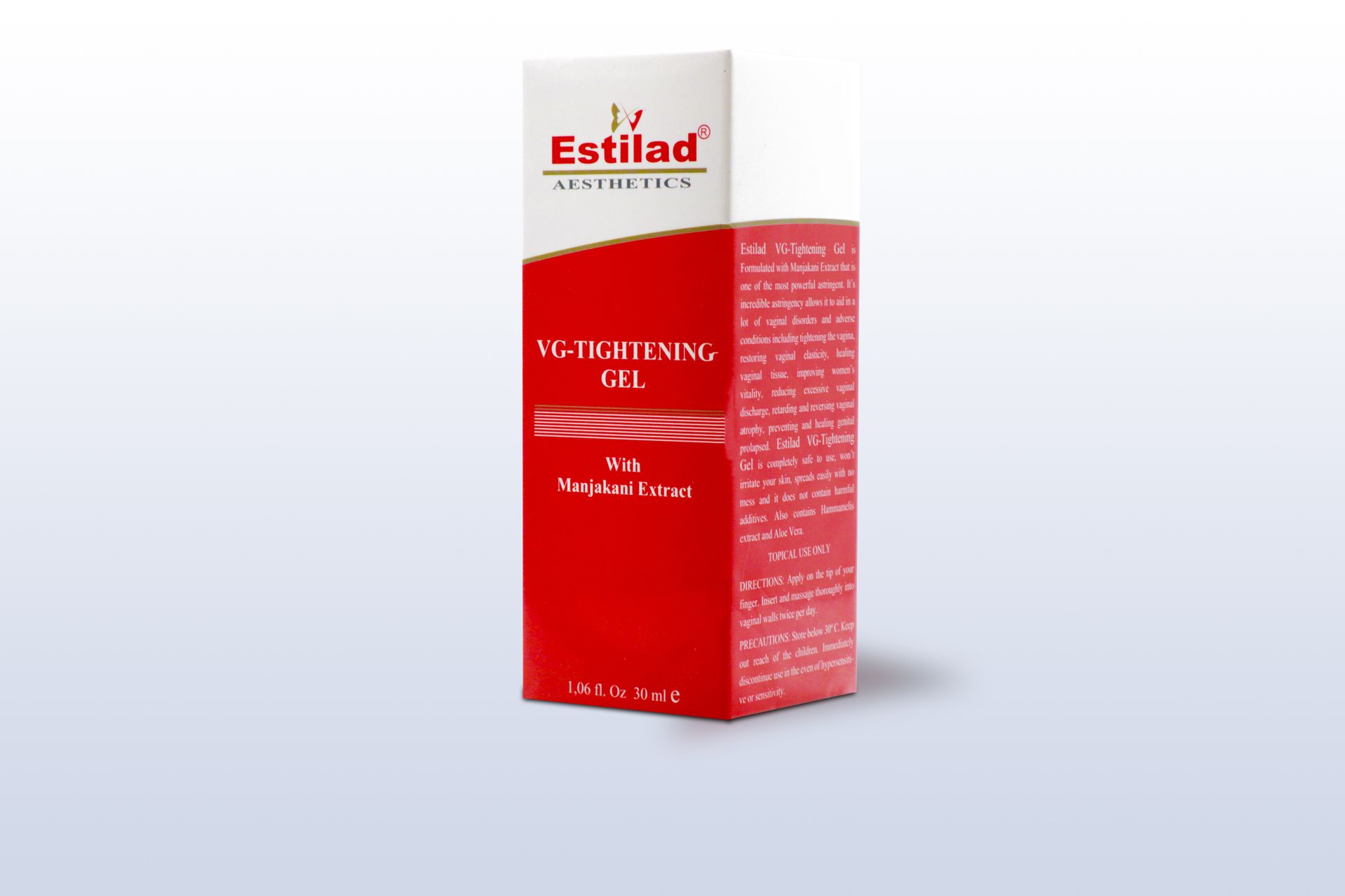 Red and white Estilad product box with text.