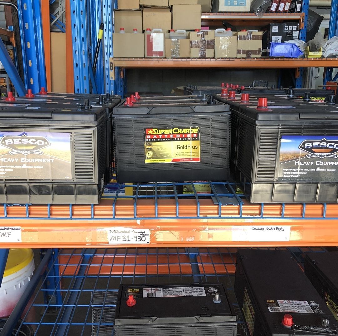 Shelf of Car Batteries in a Warehouse — PowerMaster Batteries Moree in Goondiwindi, NSW