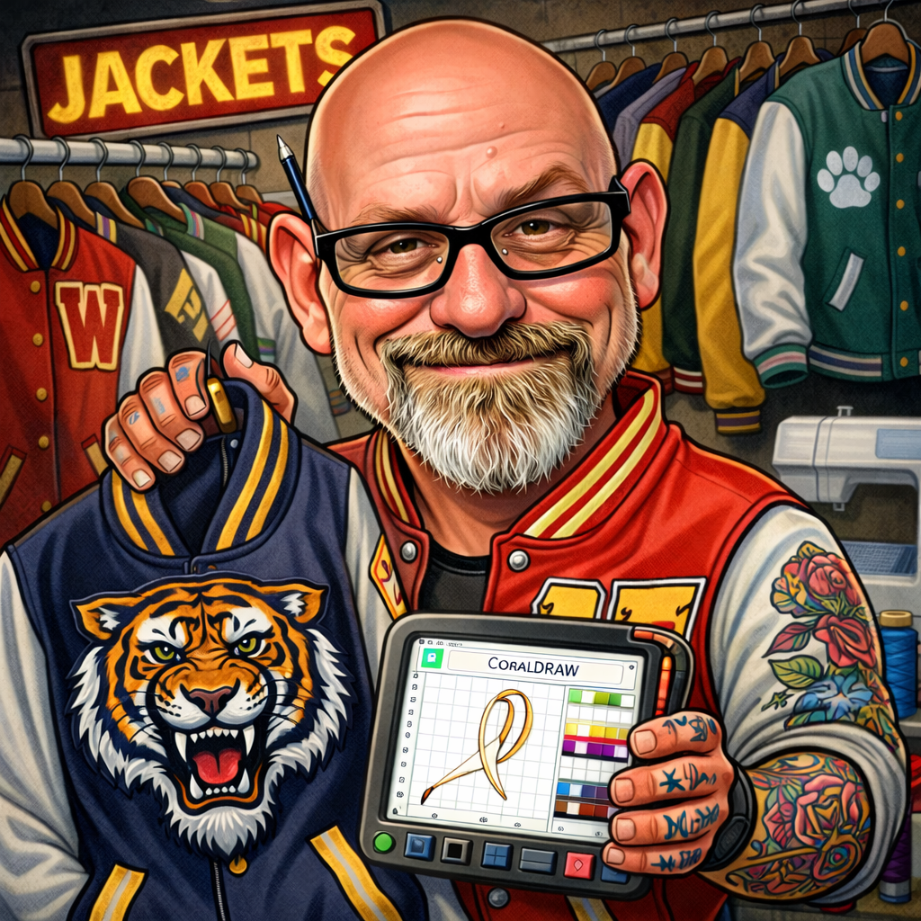 Custom letterman jacket with wool body, leather sleeves, and chenille varsity letter