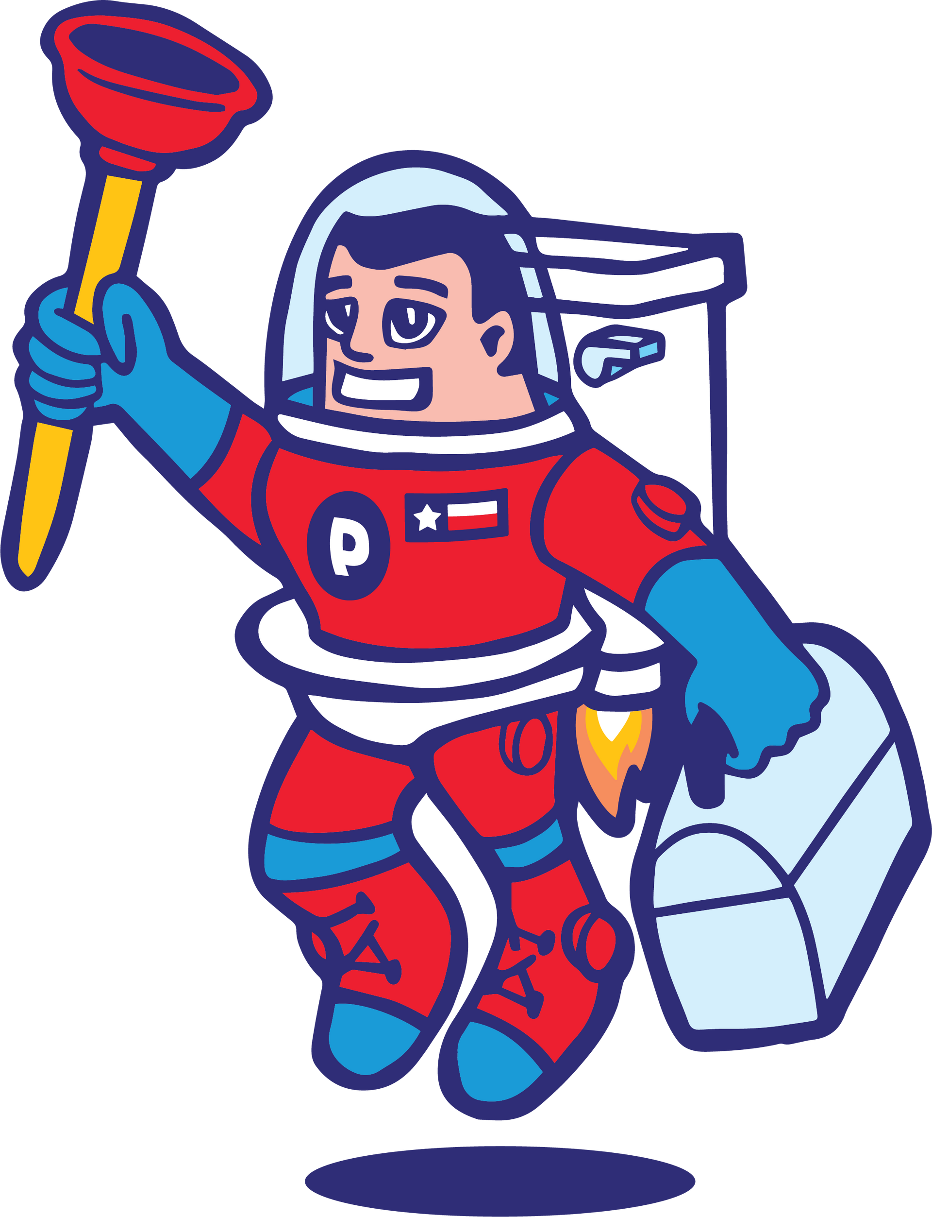 A cartoon of a man in a space suit with the letter p on his chest