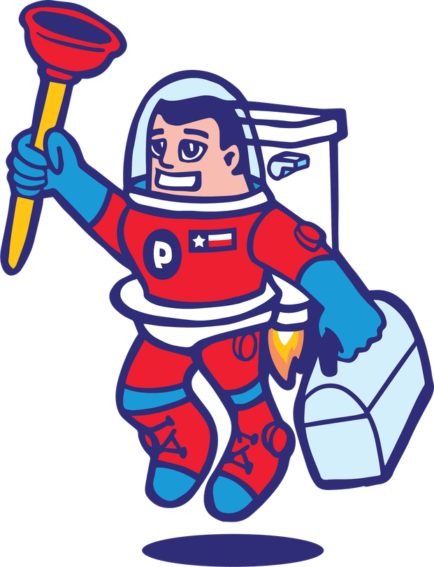 A cartoon of a man in a space suit with the letter p on his chest