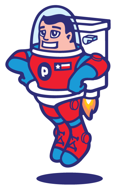 A cartoon of a man in a space suit with the letter p on his chest