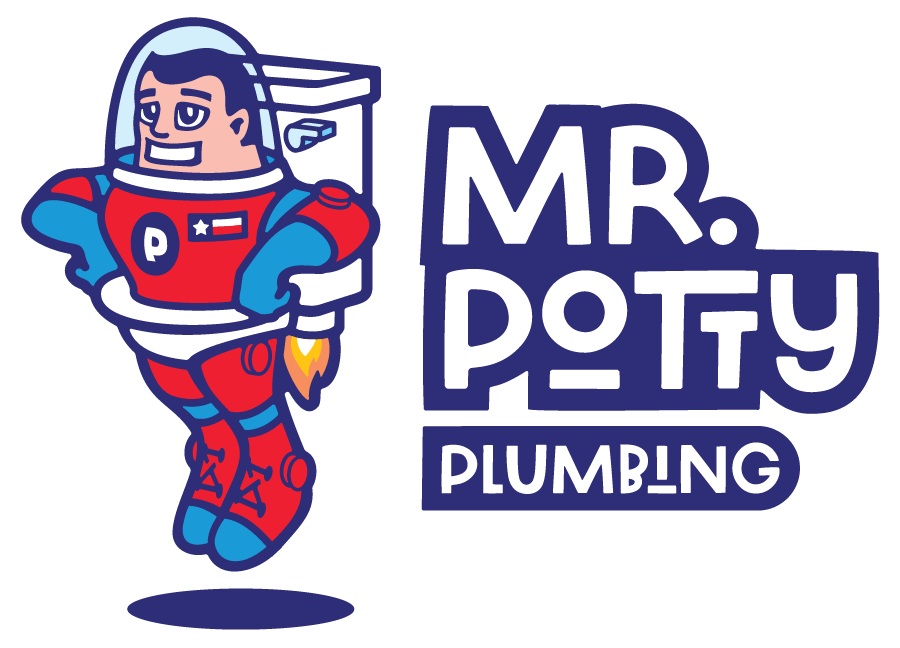 The logo for mr. potty plumbing shows a man in a space suit holding a toilet.