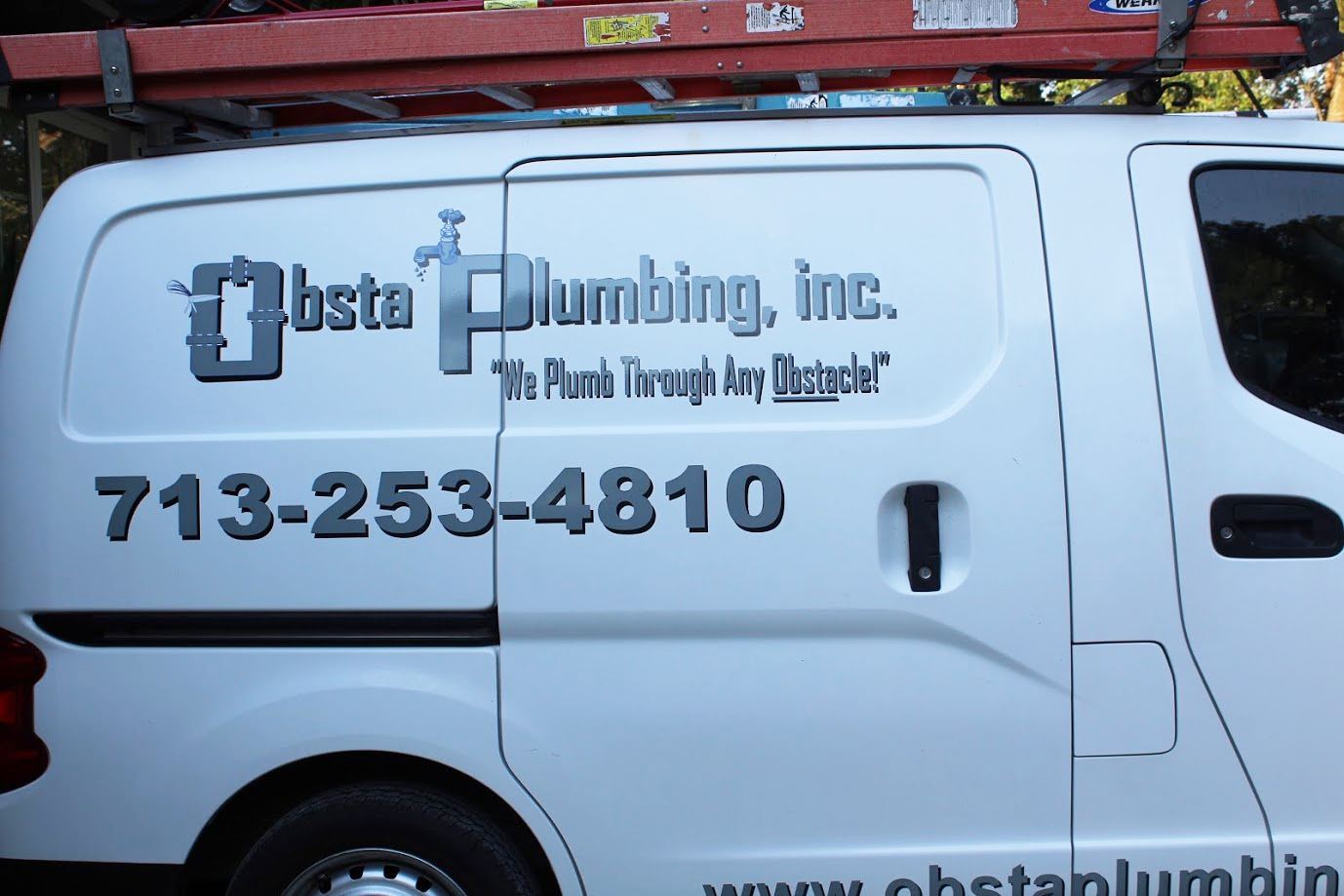 A white van that says obsta plumbing inc. on the side