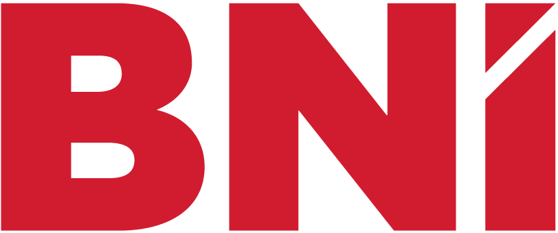 A red and gray logo for bni west houston