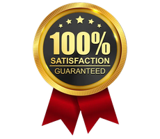 A 100 % satisfaction guaranteed badge with a red ribbon