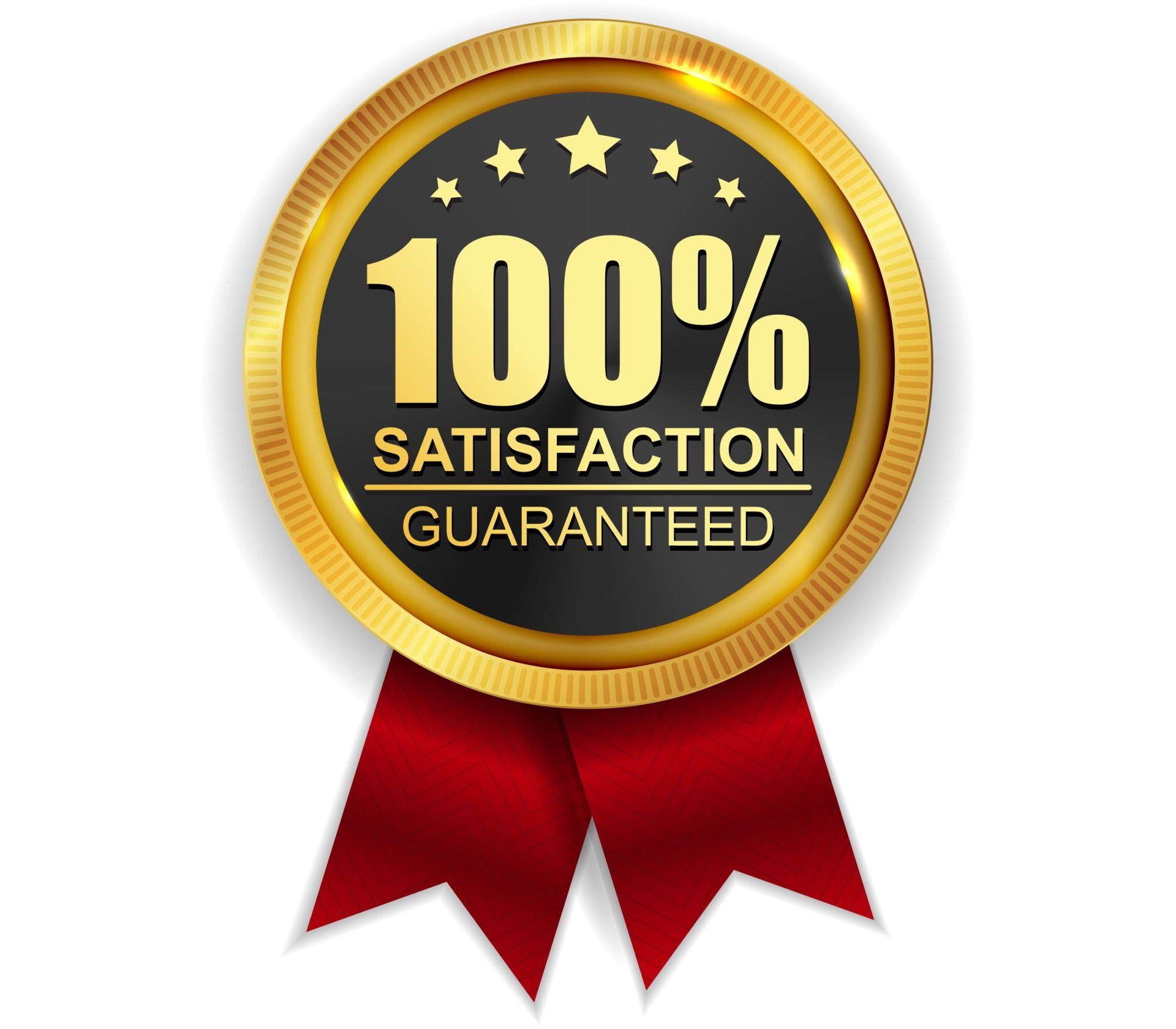 A 100 % satisfaction guaranteed badge with a red ribbon