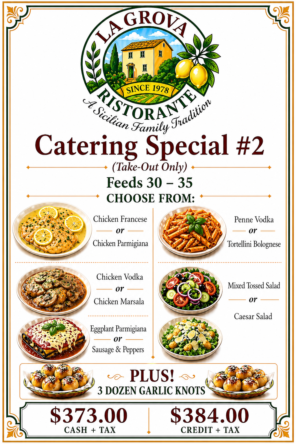 La Grova Ristorante catering special 2 flyer with food photos and package prices, $373 and $384.
