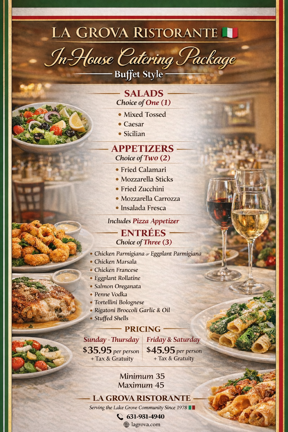 La Grova Ristorante catering menu with salad, appetizers, entrees, and pricing.
