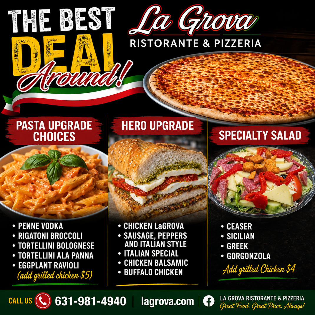La Grova Ristorante “Combo Night” special with dinner and takeout options, Wednesday and Thursday only.