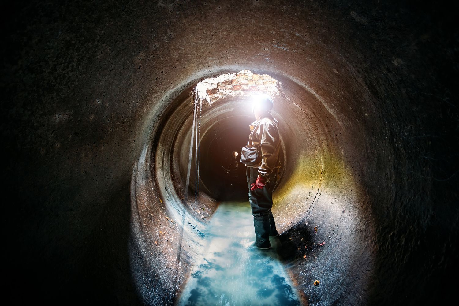 sewer tunnel worker examines system damage