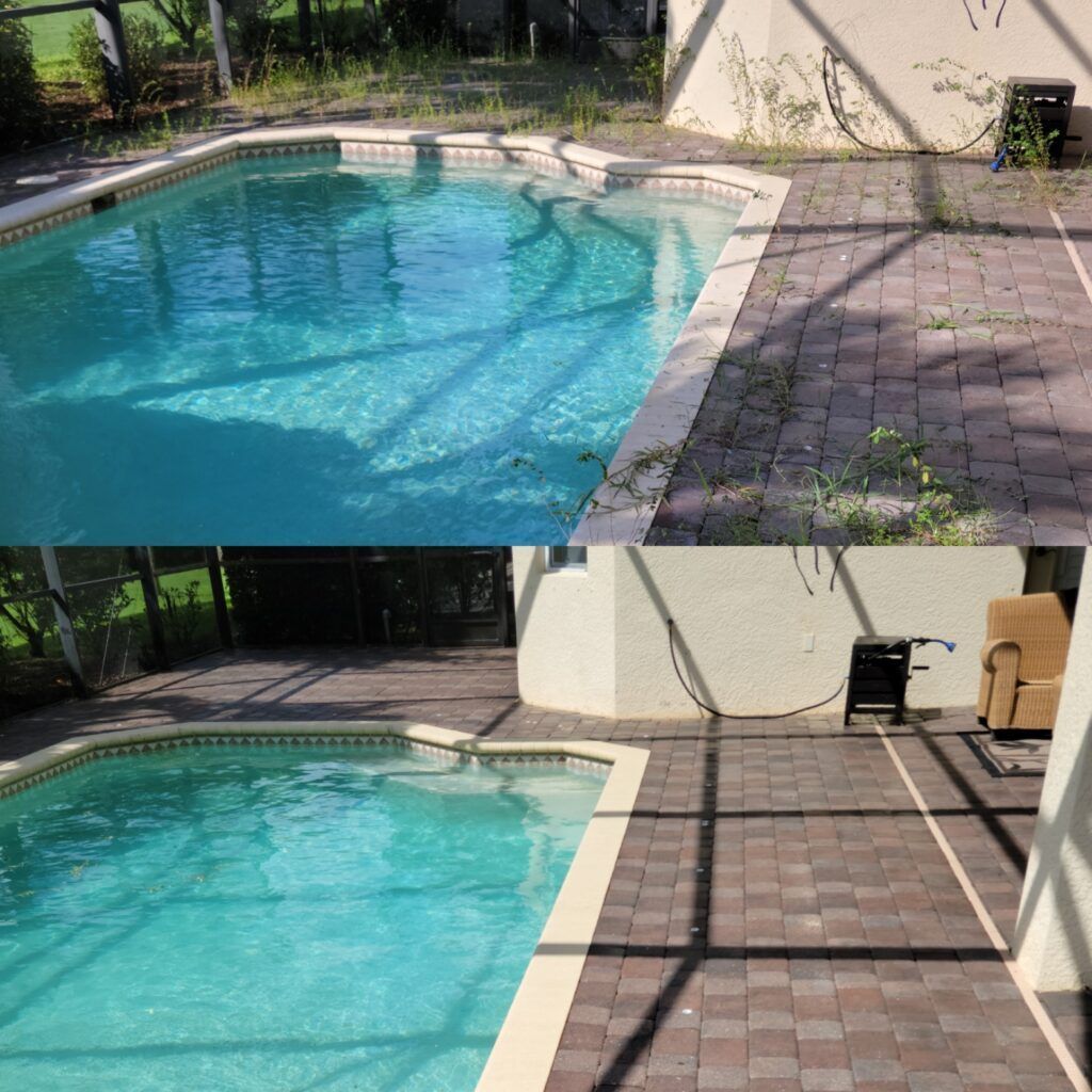 Before photo of a pool area with weeds