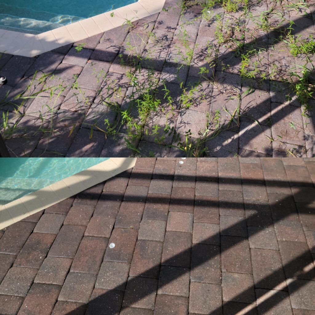 Before-and-after view of a brick patio beside a pool