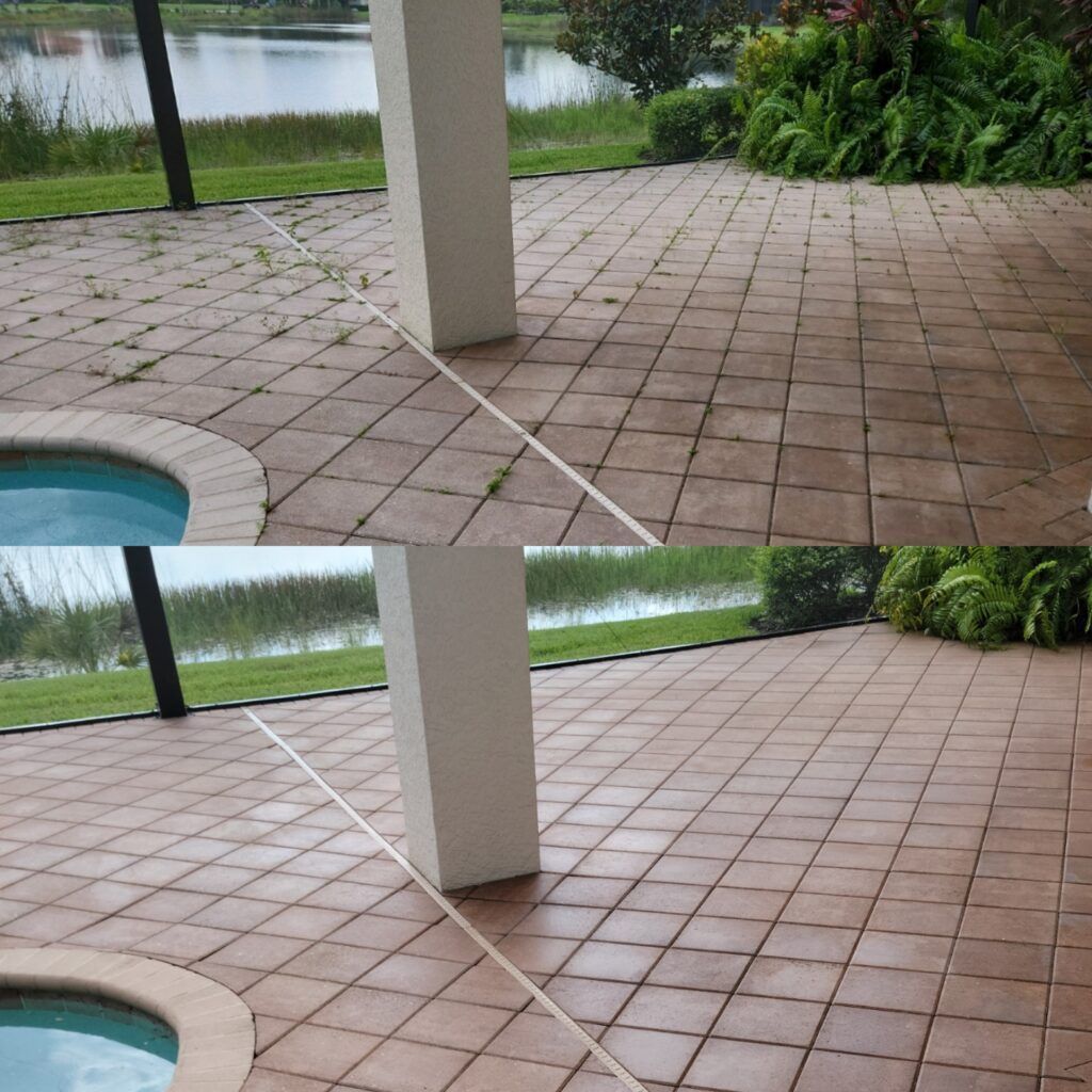 Comparison of a patio before and after cleaning