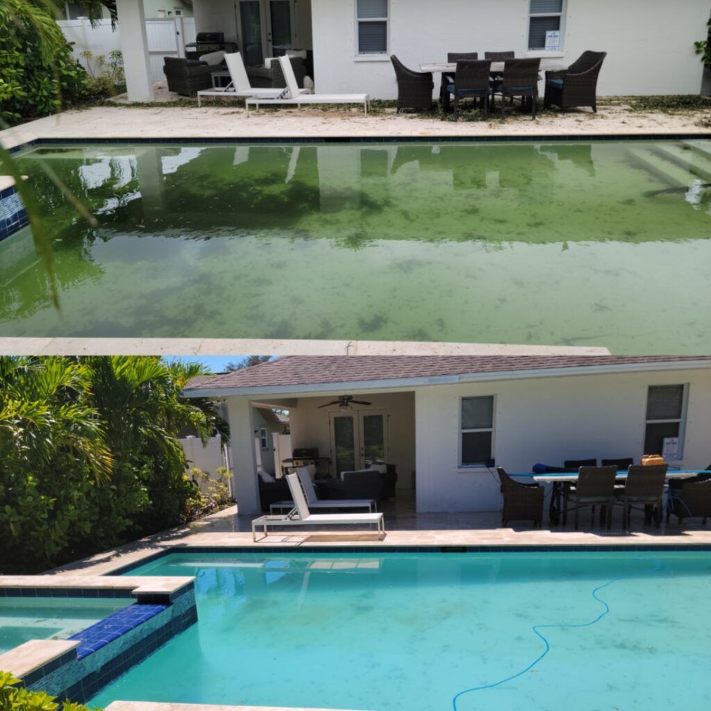 Before and after photos of a pool cleaning