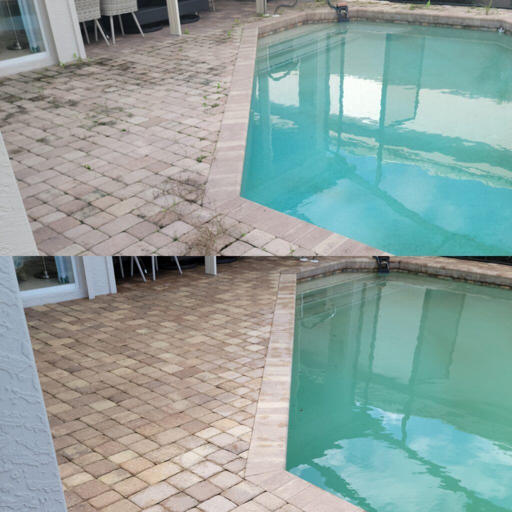 Before and after photos of a brick patio beside a swimming pool
