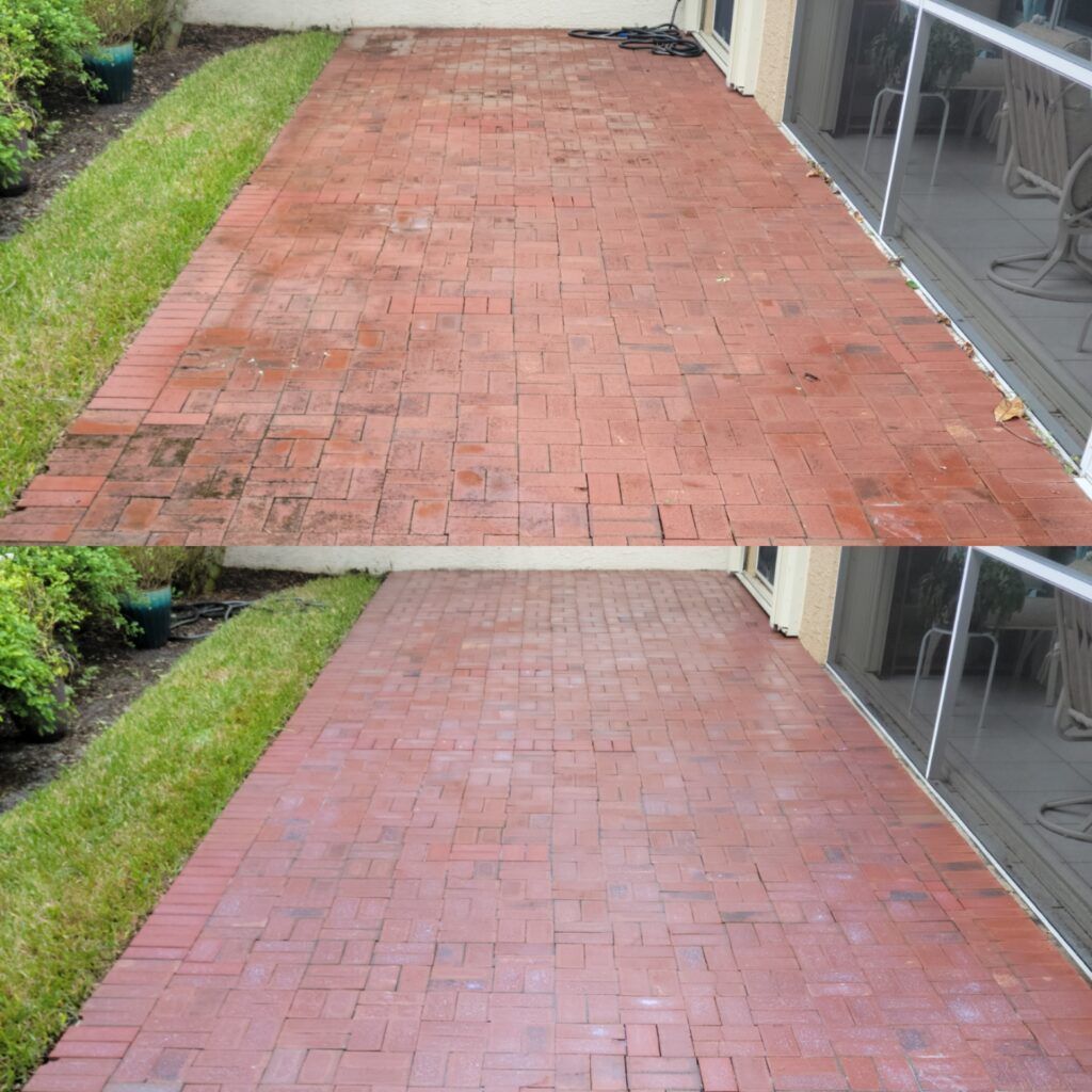 Before and after view of a brick patio cleaning