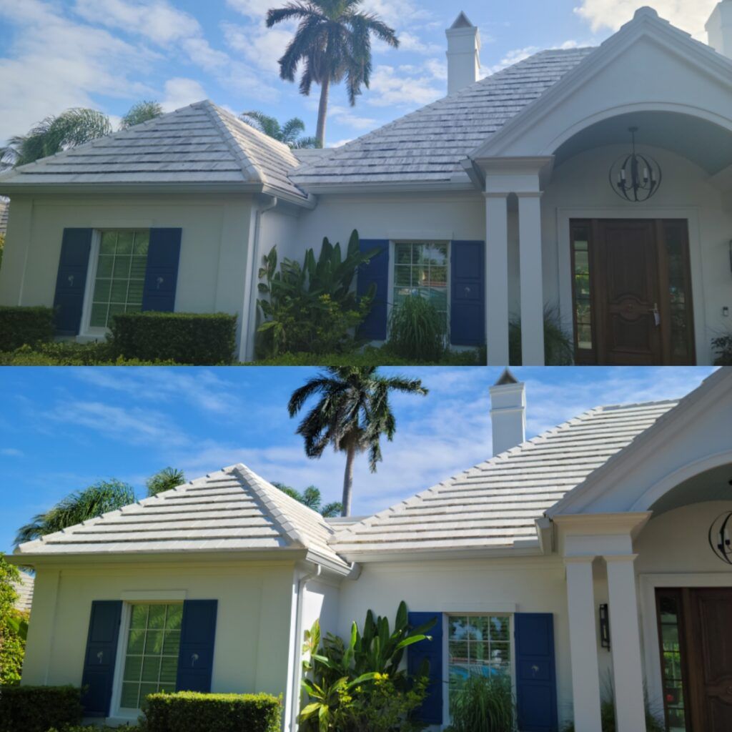 Two photos comparing a white house with a gray tile roof, blue shutters, and lush green landscaping under a blue sky.