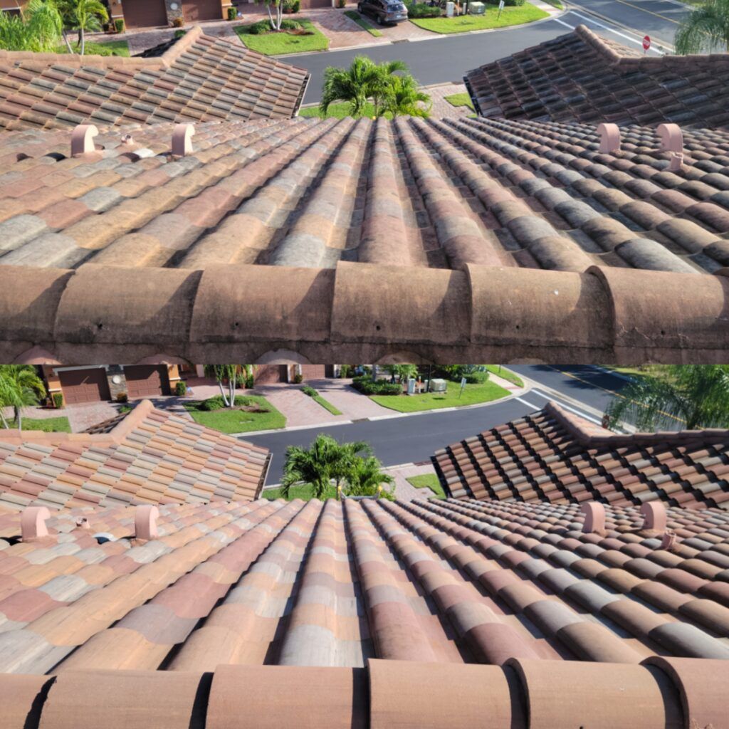 Two tiled roofs, shot from above, show a before-and-after cleaning