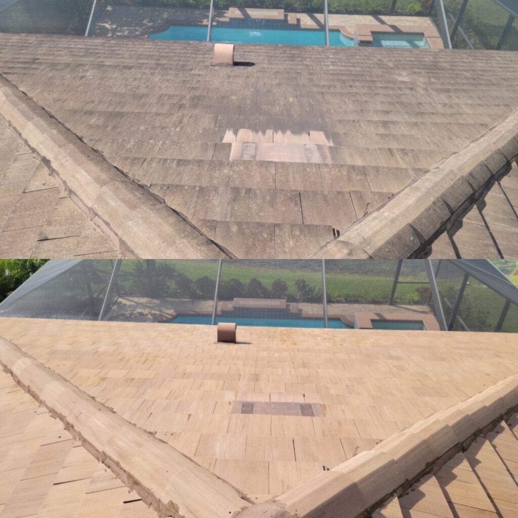 Top to bottom view of a roof before and after cleaning. The roof is above a pool, with visible algae buildup being removed.
