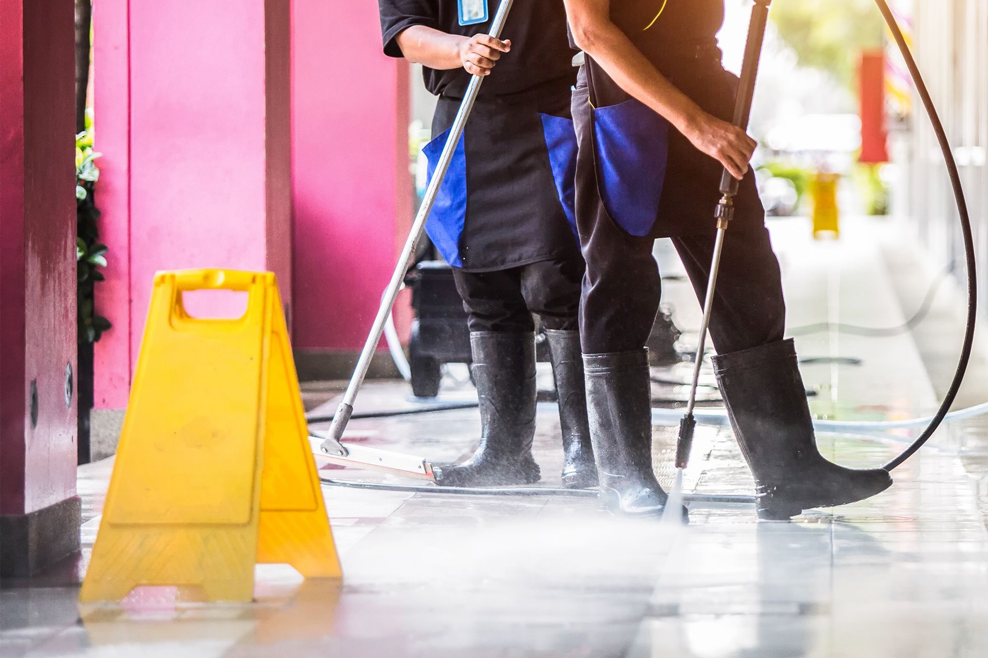 Two people power washing a commercial building exterior.