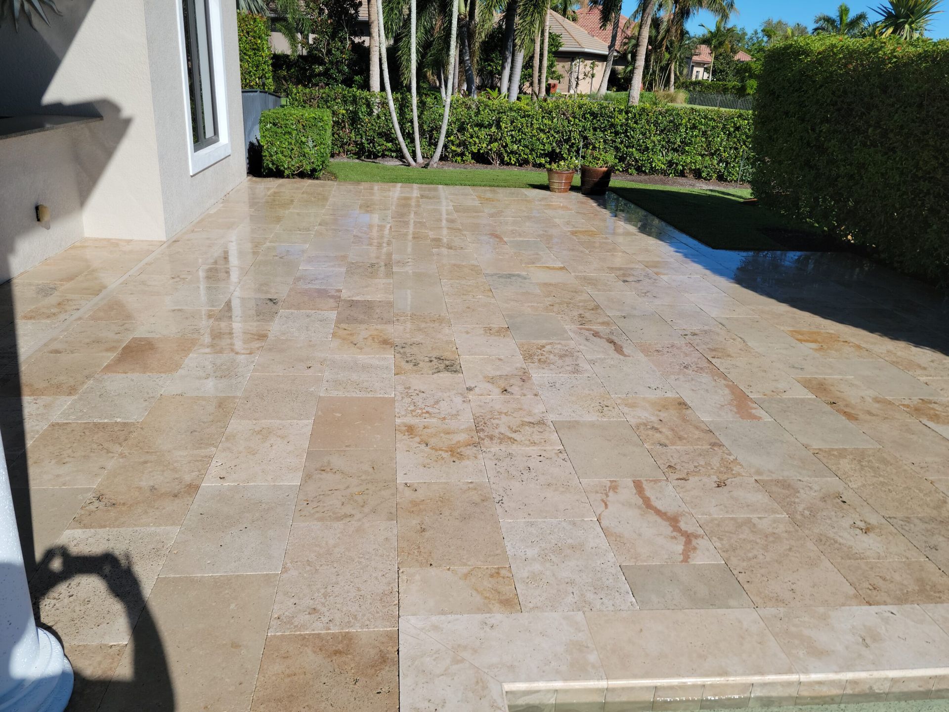 Tan stone patio with reflections, bordered by greenery and a house.